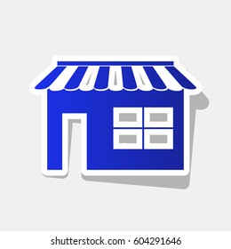 Store sign illustration. Vector. New year bluish icon with outside stroke and gray shadow on light gray background.