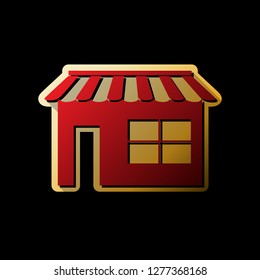 Store sign illustration. Vector. Red icon with small black and limitless shadows at golden sticker on black background.