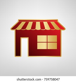 Store sign illustration. Vector. Red icon on gold sticker at light gray background.