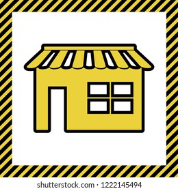 Store sign illustration. Vector. Warm yellow icon with black contour in frame named as under construction at white background. Isolated.