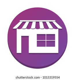 Store sign illustration. Vector. White icon with flat shadow on purpureus circle at white background. Isolated.