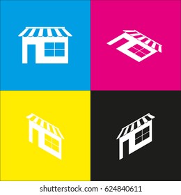 Store sign illustration. Vector. White icon with isometric projections on cyan, magenta, yellow and black backgrounds.