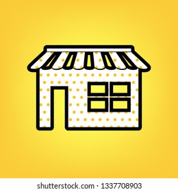 Store sign illustration. Vector. Yellow polka dot white icon with black contour at warm yellow background.