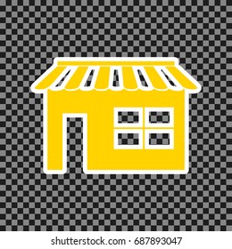 Store sign illustration. Vector. Yellow icon with white contour on dark transparent background.