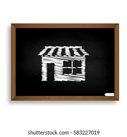 Store sign illustration. White chalk icon on black school board 