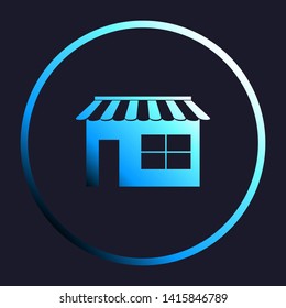 Store sign illustration. White, cyan and blue gradient icon as round button in white shell at dark blue background. Illustration.