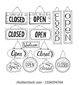 Store sign: Open, Closed in doodle style. Signs with a rope for business, online stores. Vector illustration.