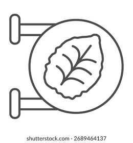 Cartel de la tienda con el icono de la línea fina de la hoja, concepto de la ecología. Gráficos de Vector. Letrero de la hoja del tabaco en el fondo blanco, icono del estilo del contorno para el móvil o el Diseño web