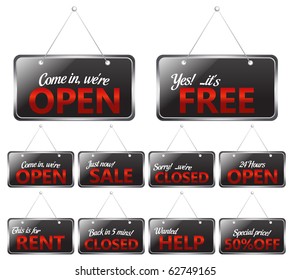 Store signs collection.Open, closed and promotional signs.