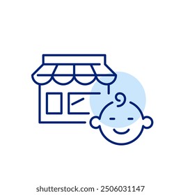 Store with smiling baby face. Children clothes, toys and supplies store. Pixel perfect, editable stroke icon