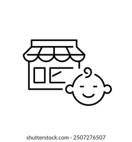 Store with smiling baby face. Children clothes, toys and supplies store. Pixel perfect vector icon