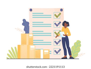 Store staff check. Young girl with leaf in her hands notes goods in warehouse. Poster or banner for website. Woman in archive or storage, working with information. Cartoon flat vector illustration