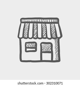 Store Stall Sketch Icon For Web And Mobile. Hand Drawn Vector Dark Grey Icon On Light Grey Background.