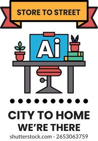 Store to street is a concept of a desk with a chair and a computer. The desk is decorated with plants and books