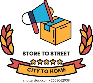 Store to street is a logo for a business. The logo features a box with an orange box and a blue box with a megaphone. The logo is designed to be eye-catching and memorable