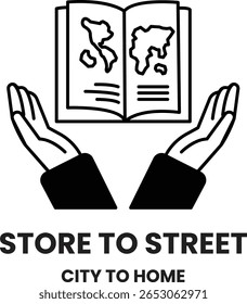 Store to street is a logo for a company that sells books. The logo features two hands holding an open book, with the words city to home written below