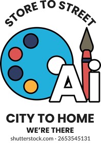 Store to street is a logo for a company that sells art supplies. The logo features a paint palette and a paintbrush, and the text "City to Home" is written below the logo