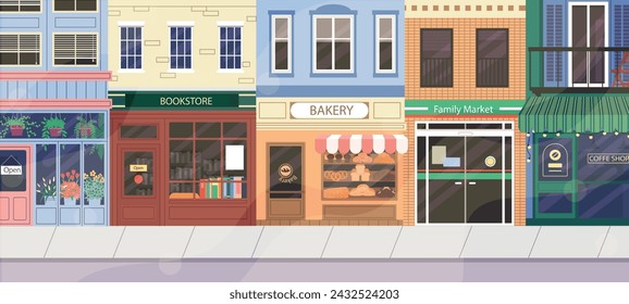 Store street. Town road. Shop facade with door and window storefront. Building front view. City neighborhood. Cafe and bookstore. House exterior. Europe cityscape. Urban scenery. Vector illustration