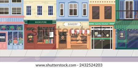 Store street. Town road. Shop facade with door and window storefront. Building front view. City neighborhood. Cafe and bookstore. House exterior. Europe cityscape. Urban scenery. Vector illustration