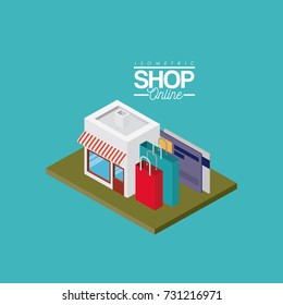 store with striped sunshade red and white with credit cards and shopping bags over green floor colorful poster isometric shop online vector illustration