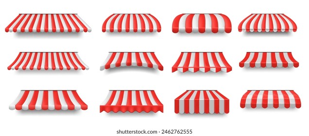 Store sunshade awning. Striped shop and cafe canopies, market stall covers with shadow isolated vector set of awning cafe, canopy for store, sunshade market