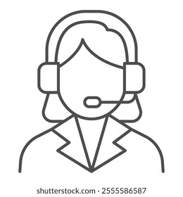 Store support operator thin line icon, shopping assistance concept. Vector graphics. Woman with headset sign on white background, outline style icon for mobile or web design