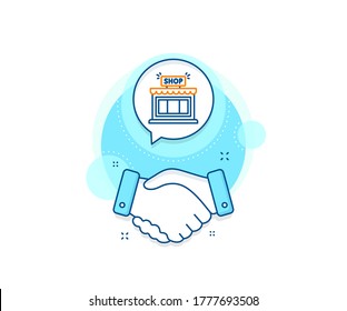 Symbol speichern. Handshake handeln komplexe Symbol. Shop-Line-Symbol. Einkaufsschild. Vereinbarung, die Hand zittert Banner. Handelsschild kaufen. Vektorgrafik
