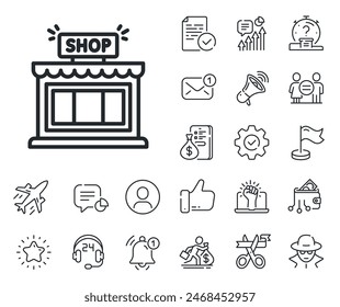 Símbolo de tienda. Iconos de salariales, igualdad de género y campanas de alerta. Icono de línea de tienda. Señal de edificio comercial. Señal de la línea Shop. Espiar o icono de marcador de posición de perfil. Asistencia en línea, huelga. Vector