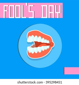 Store Teeth, Fool Day April Holiday Greeting Card Banner Flat Vector Illustration