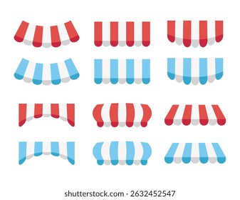 Loja tenda telhado toldo loja guarda-chuva faixa conjunto isolado. Ilustração de elemento de design gráfico vetorial	