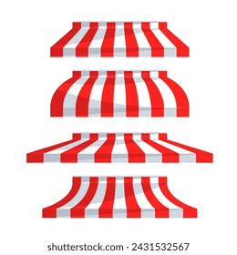Store tent set. Shop canopy. Stripe awning. Market, Cafe sunshade. Vector illustration