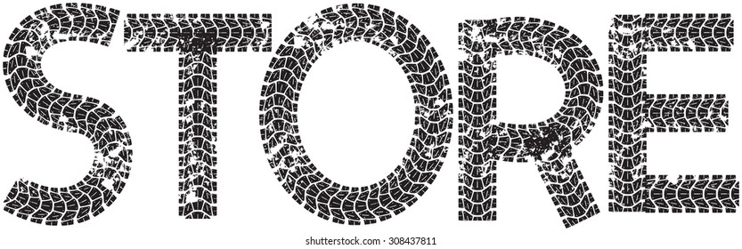 Store text with the letters made from motorcycle tire tracks, isolated on white