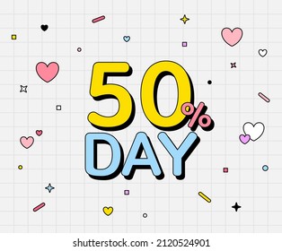 A store that offers a 50 percent discount illustration set. heart, coupon, sale, surprise, free.Vector drawing. Hand drawn style.