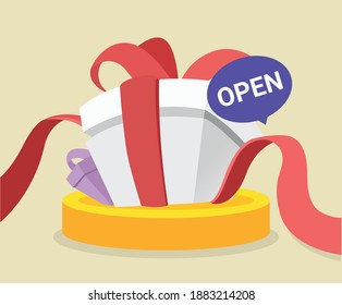 a store that presents gifts as an open event illustration set. market, coin, gold, present. Vector drawing. Hand drawn style.