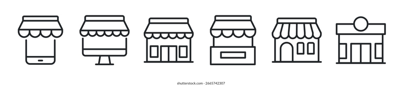 Almacenar conjunto de iconos de línea delgada. Comercio electrónico, tienda, venta al por menor, comestibles iconos mínimos