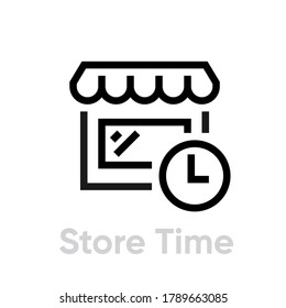 Store Time icon. Editable line vector. Stylized store building with awning and and a clock sign beside. Single pictogram.