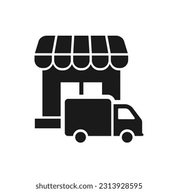 Store and truck. Delivery, shipping package. Product distribution icon flat style isolated on white background. Vector illustration