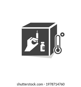 Store vaccine in cold storage sign. Injection vile refrigerator icon. Pandemic medical awareness poster. Low temperature box. Vector illustration. Black and white flat color.