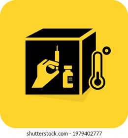 Store vaccine in cold storage sign. Injection vile refrigerator icon. Pandemic medical awareness poster. Low temperature box. Vector illustration. Black and yellow color with shadow.