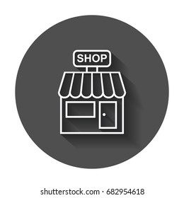 Store vector icon. Shop build illustration on black round background with long shadow.