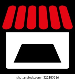 Store vector icon. Style is bicolor flat symbol, red and white colors, rounded angles, black background.