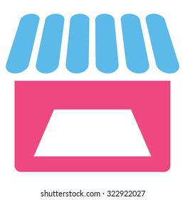 Store vector icon. Style is bicolor flat symbol, pink and blue colors, rounded angles, white background.