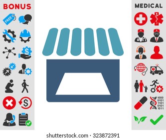Store vector icon. Style is bicolor flat symbol, cyan and blue colors, rounded angles, white background.