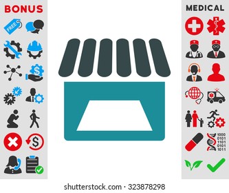 Store vector icon. Style is bicolor flat symbol, soft blue colors, rounded angles, white background.