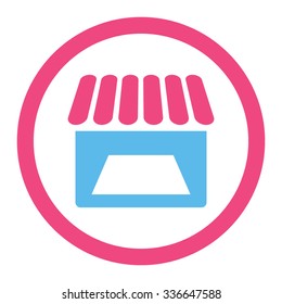 Store vector icon. Style is bicolor flat rounded symbol, pink and blue colors, rounded angles, white background.