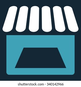 Store vector icon. Style is bicolor flat symbol, blue and white colors, rounded angles, dark blue background.