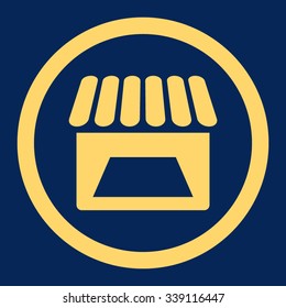 Store vector icon. Style is flat rounded symbol, yellow color, rounded angles, blue background.