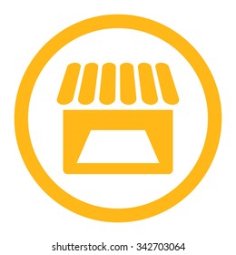 Store vector icon. Style is flat rounded symbol, yellow color, rounded angles, white background.