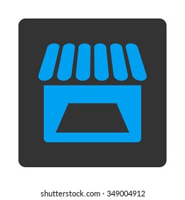Store vector icon. Style is flat rounded square button, blue and gray colors, white background.