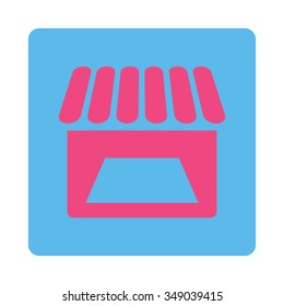 Store vector icon. Style is flat rounded square button, pink and blue colors, white background.